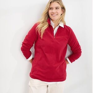 Quarter-Zip Ruby Red Long Sleeve Fleece Pullover with Deep Pockets.